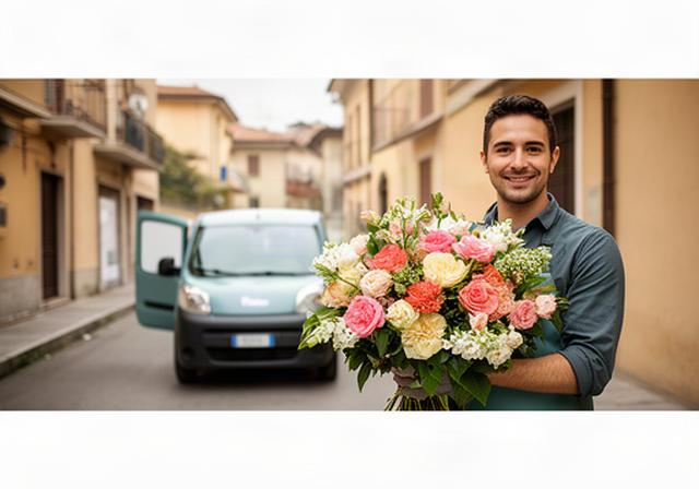 Fiorista con bouquet freschi accanto a un furgone per consegne a Quarto