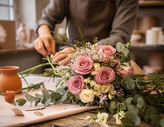 Fiorista che prepara un bouquet con rose rosa e verde ornamentale nel laboratorio di Quarto