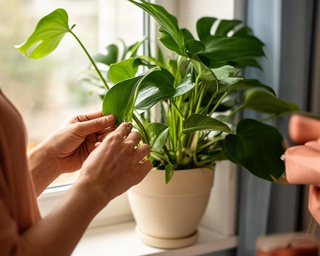 Persona che controlla le foglie di una pianta tropicale accanto a una finestra di casa