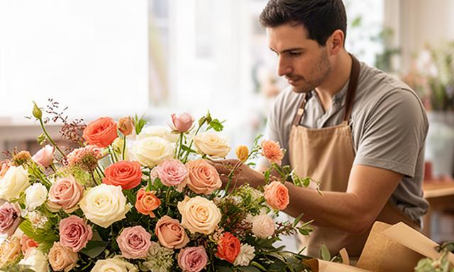 Fiorista che controlla una composizione di rose e fiori stagionali in un laboratorio luminoso