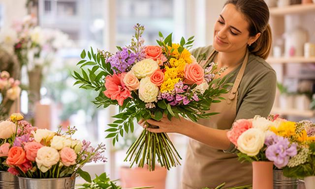 Fiorista prepara un bouquet colorato sul banco di un negozio luminoso a Quarto