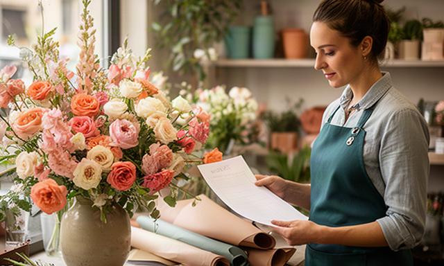 Fiorista che consulta una scheda d'ordine accanto a un mazzo di fiori freschi in negozio